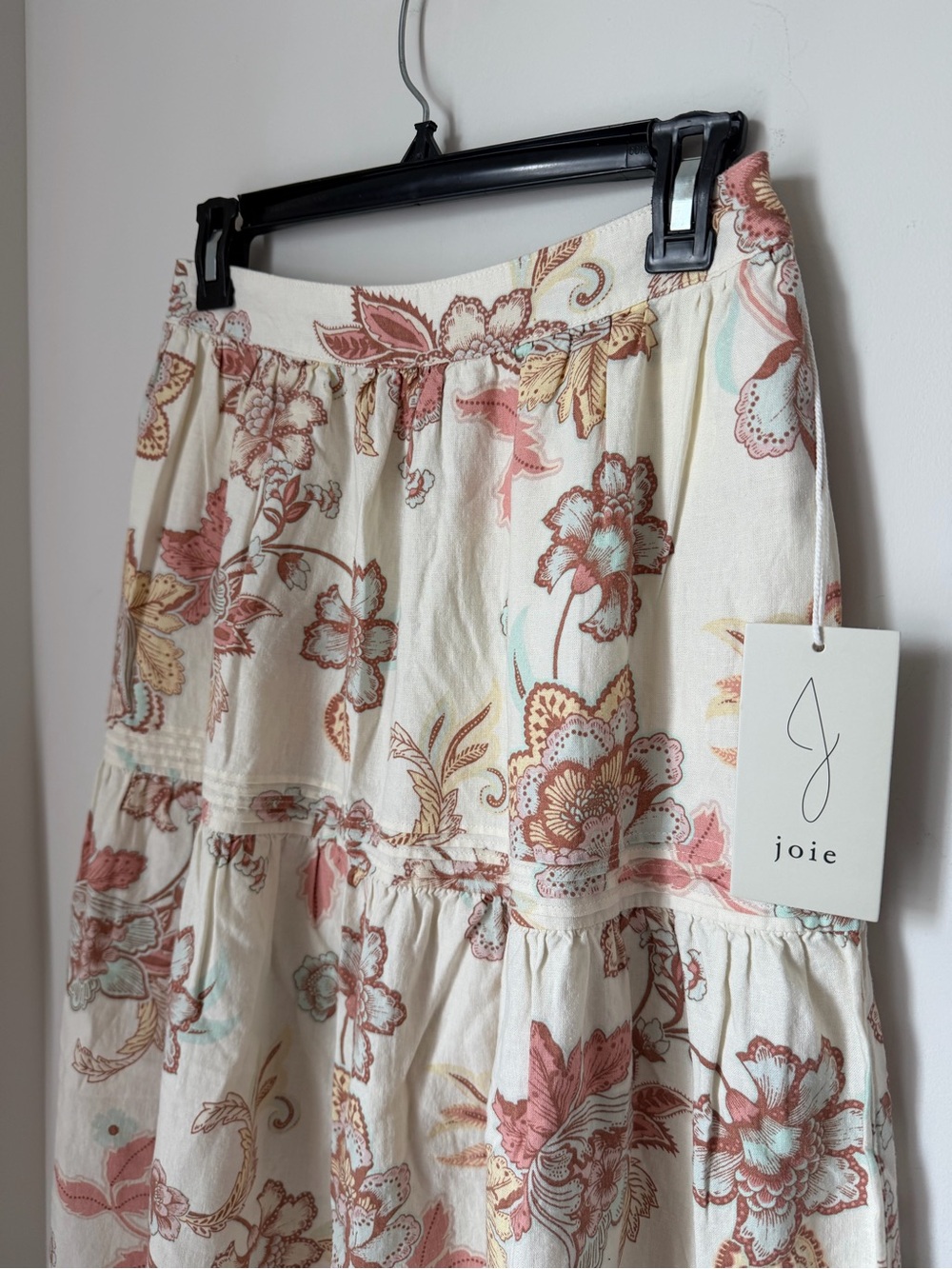 Joie Cream linen Floral Tiered Maxi Skirt with Pink and Rust Accents - Picture 4 of 7